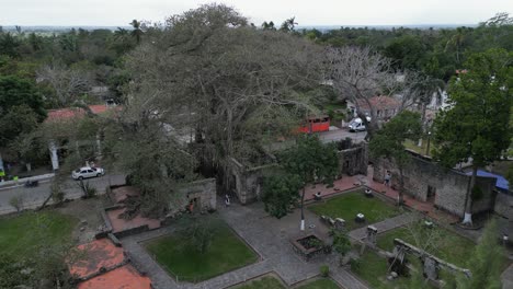 Low-aerial-orbits-ruin-of-Hernan-Cortes-first-house-near-Vera-Cruz,-MX