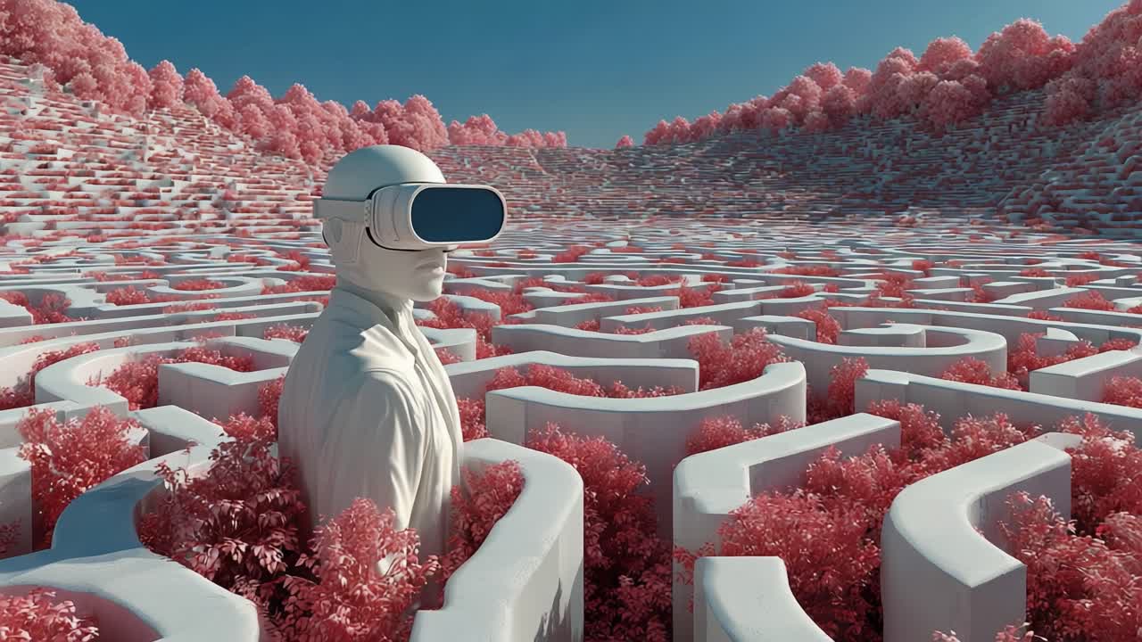 A Thought-Provoking Visual Exploration of a Character Wearing Virtual Reality Goggles Amidst a Pink-Hued Labyrinth Filled with Stylized Plants, Representing the Intersection of Technology and Nature