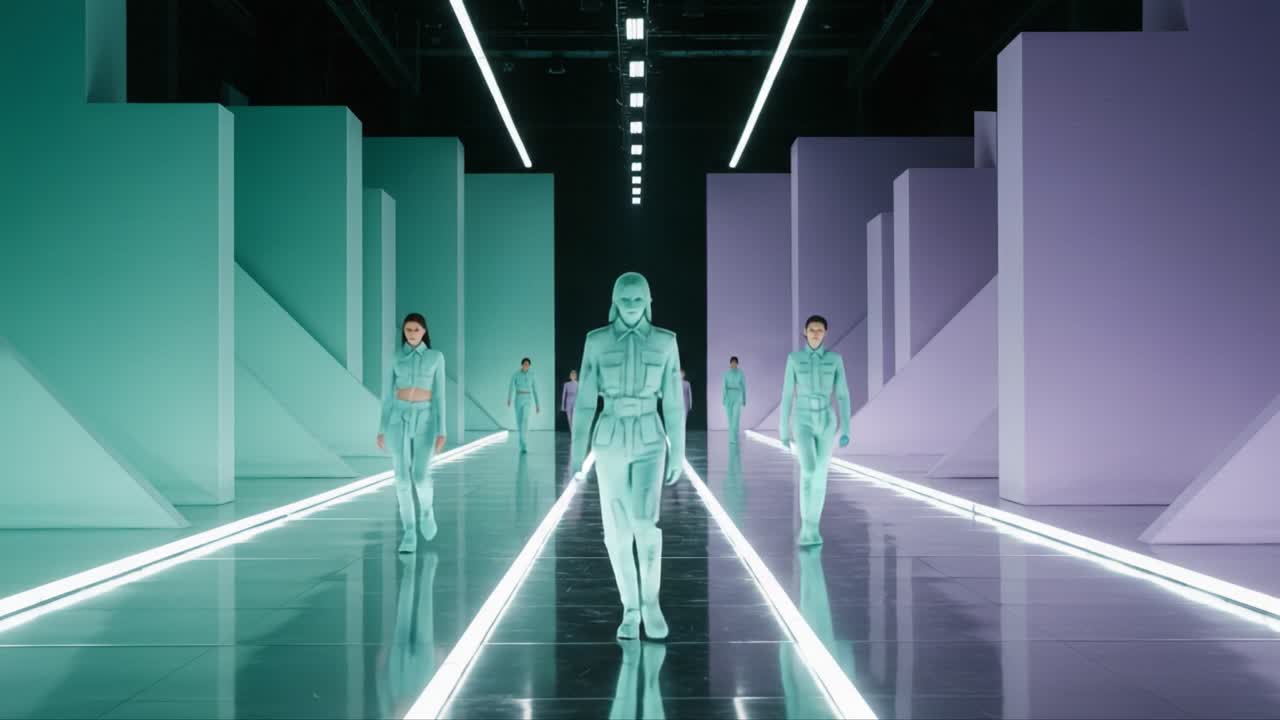Futuristic Fashion Display: Models in Transparent Attire Walk Through a Neon-lit Set of Geometric Shapes and Colors, Capturing the Essence of Modern Design