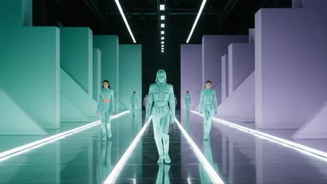 futuristic fashion display: models in transparent attire walk through a neon-lit set of geometric shapes and colors, capturing the essence of modern design