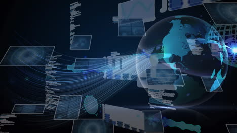 animation of data processing and scopes scanning over screens and globe