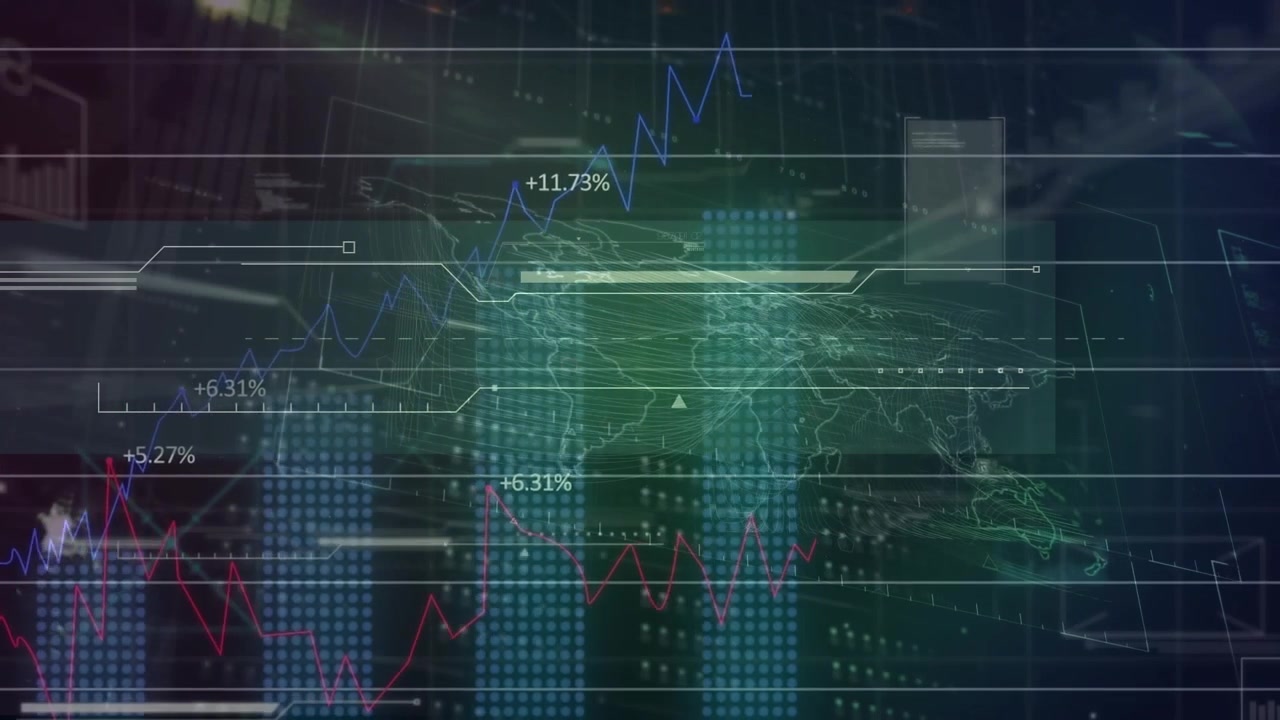 Animation of world map with financial data processing over blue background