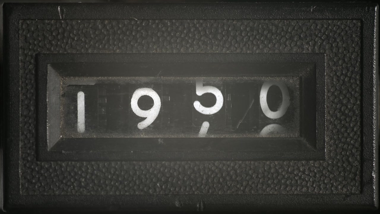 Analog counter scrolls from 1945 to 1950, retro numeric display symbolizing post-war years, time passage, countdown, and mid-20th century history.