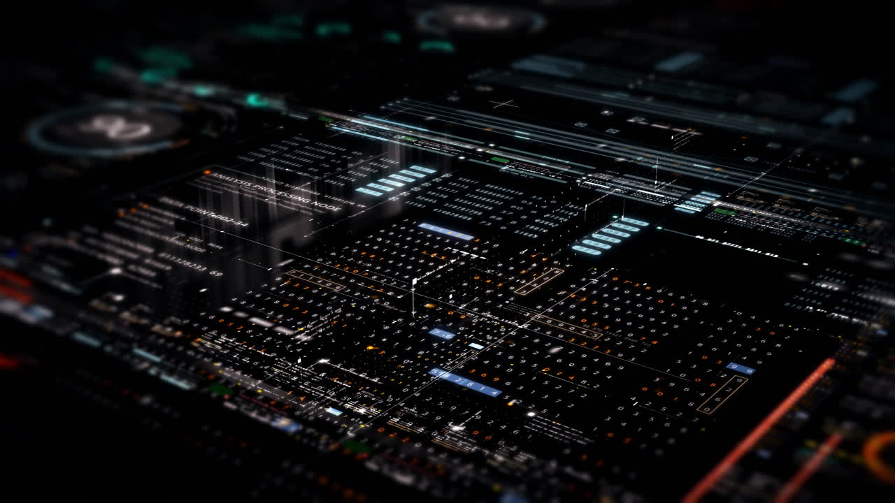 Futuristic abstract de-focus flowing data matrix, meta, metaverse, telemetry and encrypt numbers display with particles simulation in cyber space environment for head up display background
