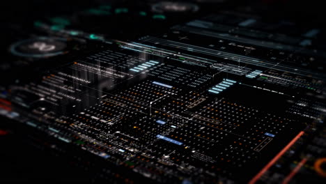 Futuristic abstract de-focus flowing data matrix, meta, metaverse, telemetry and encrypt numbers display with particles simulation in cyber space environment for head up display background