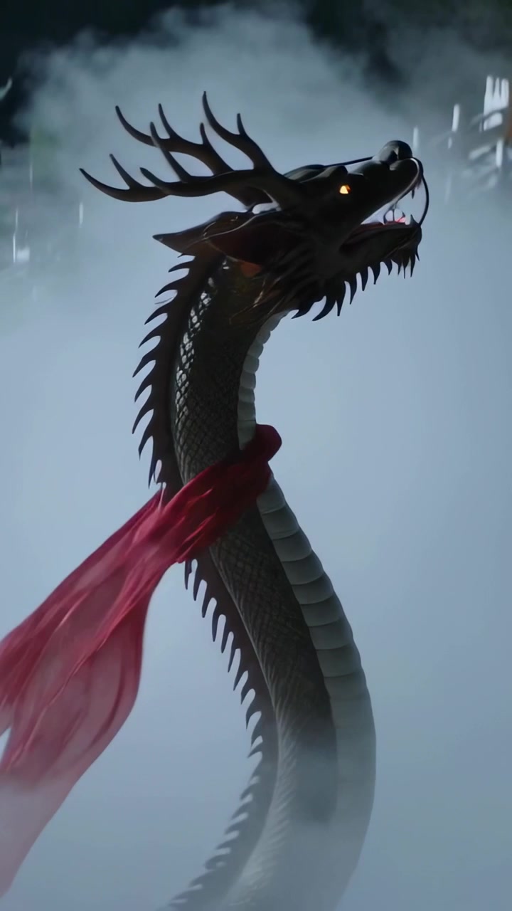 Vidéo verticale : Le brouillard se dissipe, les projecteurs illuminent un dragon en pleine ascension, des rubans flottent sur scène pour un dévoilement.