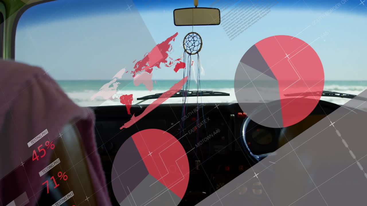 Dreamcatcher hanging in car with world map animation over ocean view