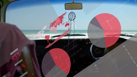 dreamcatcher hanging in car with world map animation over ocean view
