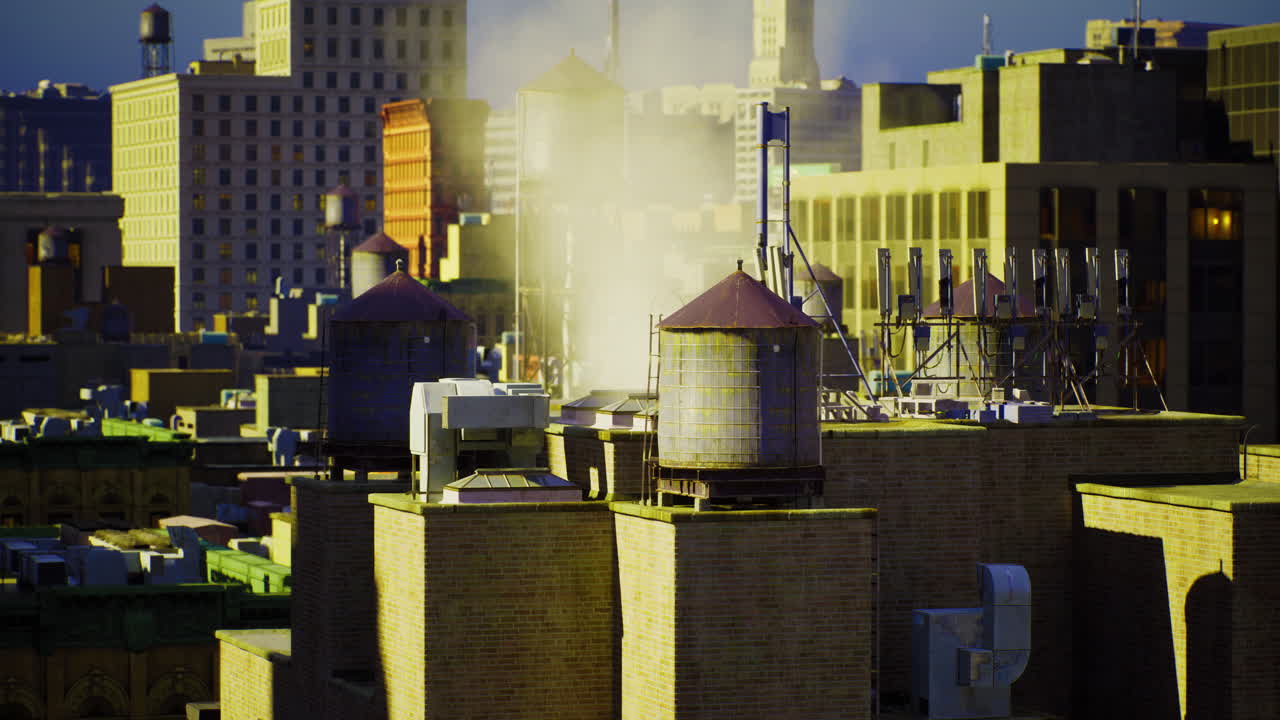 Steam rising from rooftops in an urban setting during golden hour