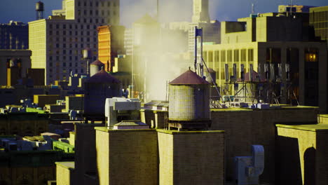 steam rising from rooftops in an urban setting during golden hour