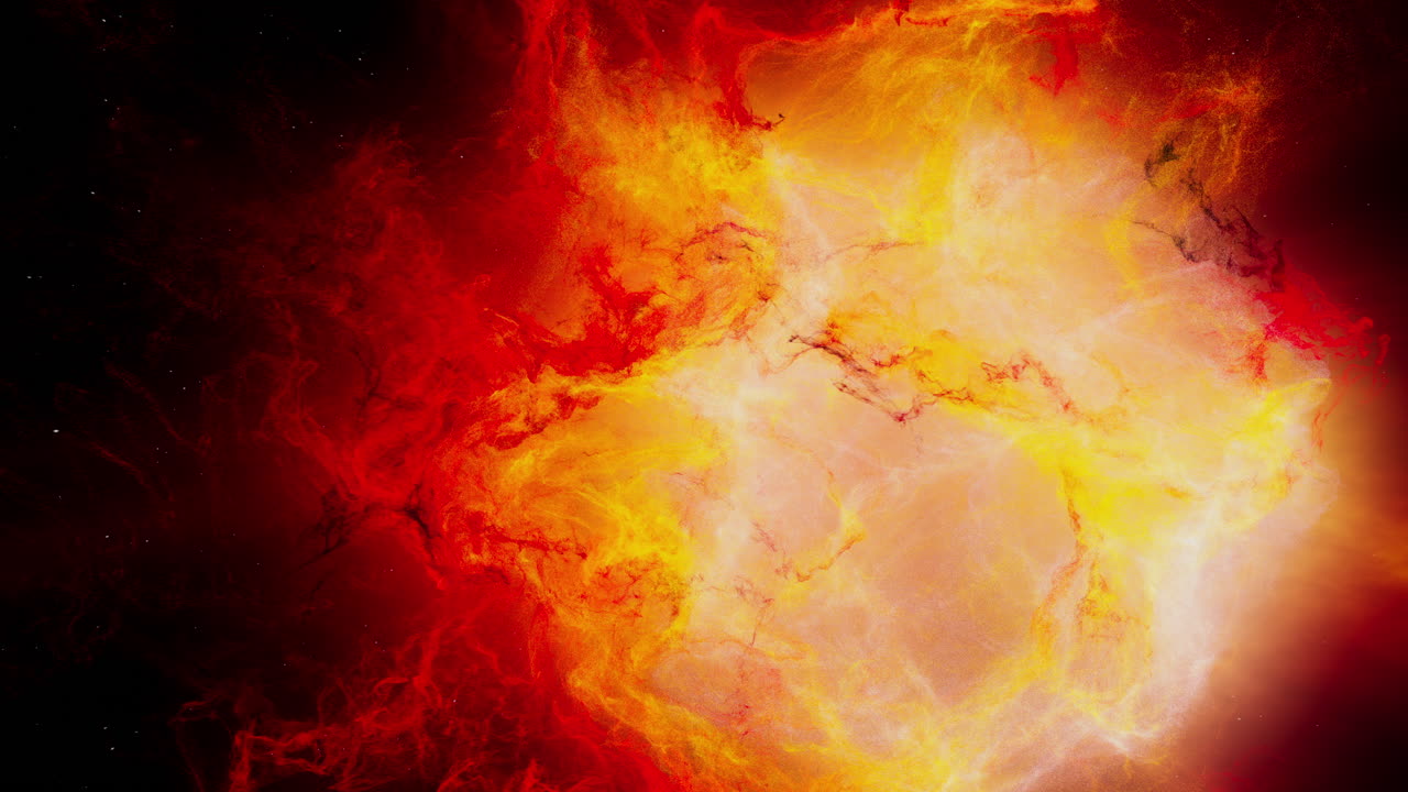 Roter und gelber Quasar oder Sonne mit energetischen Ausläufern, die in den tiefen kosmischen Weltraum schießen, mit einem Sternenfeld im Hintergrund.