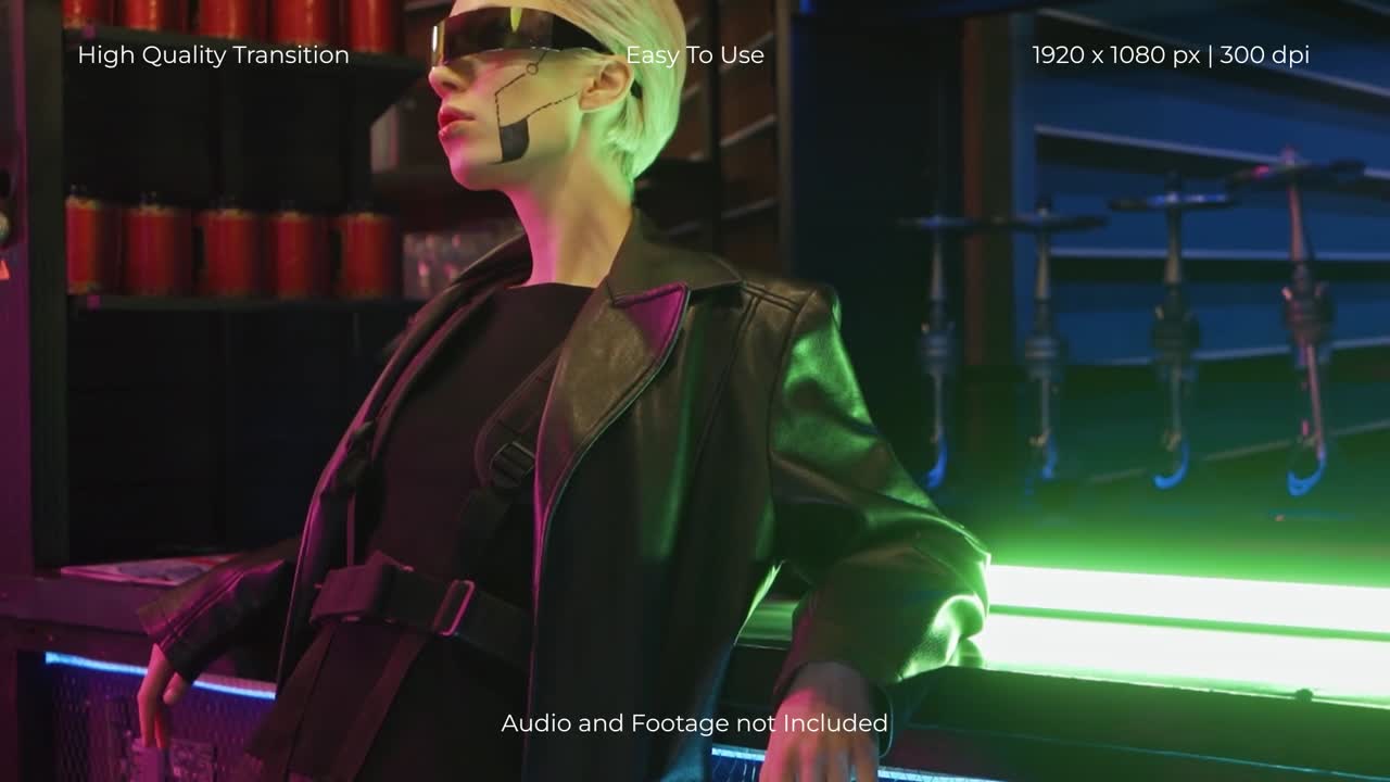 Stylish Woman in Cyberpunk Glasses Posing in Neon Lit Bar