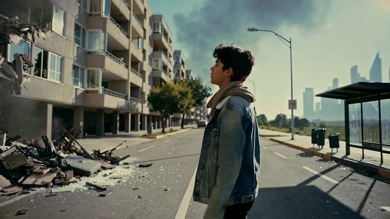 Arriving teen on city street wearing denim jacket, looking up at damaged facade