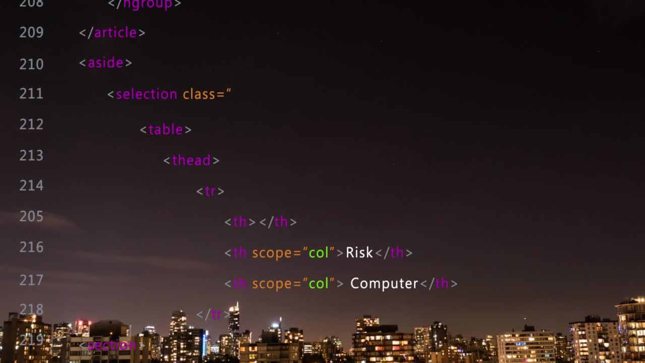 animación del procesamiento de datos frente a una vista aérea del paisaje urbano por la noche