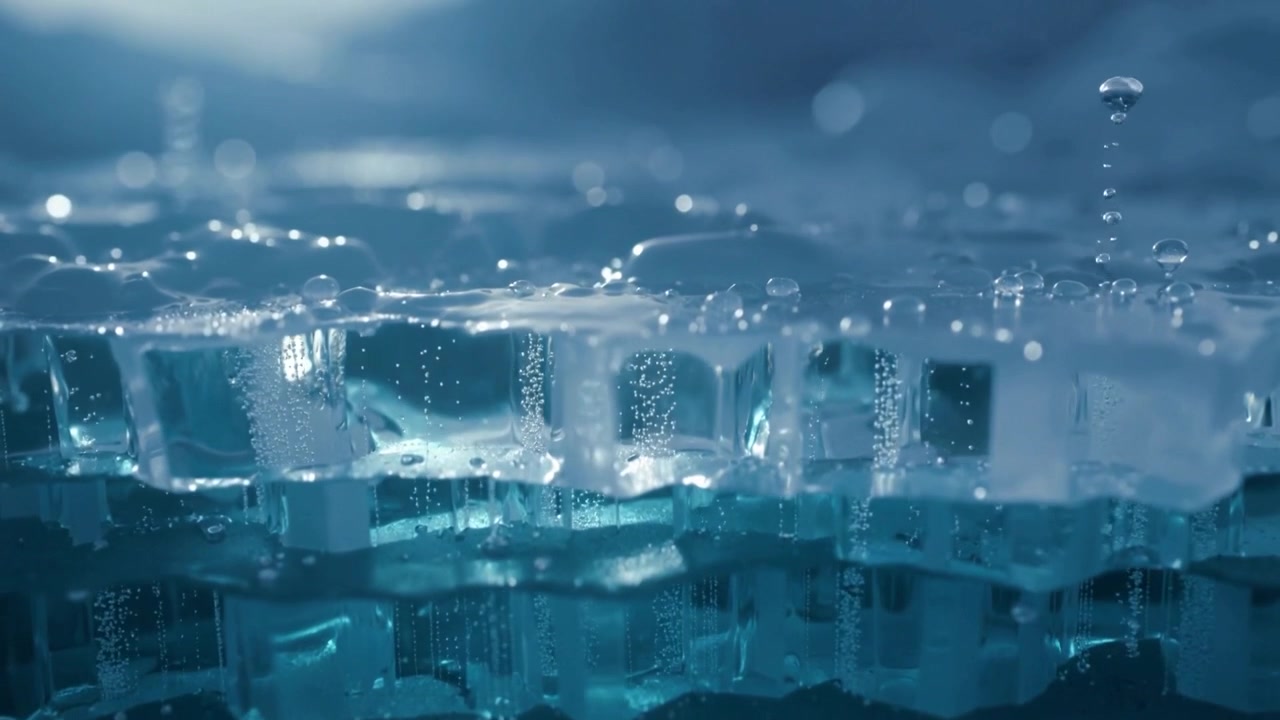 Impacting droplet at upper right creating ripples over stacked blue blocks in studio