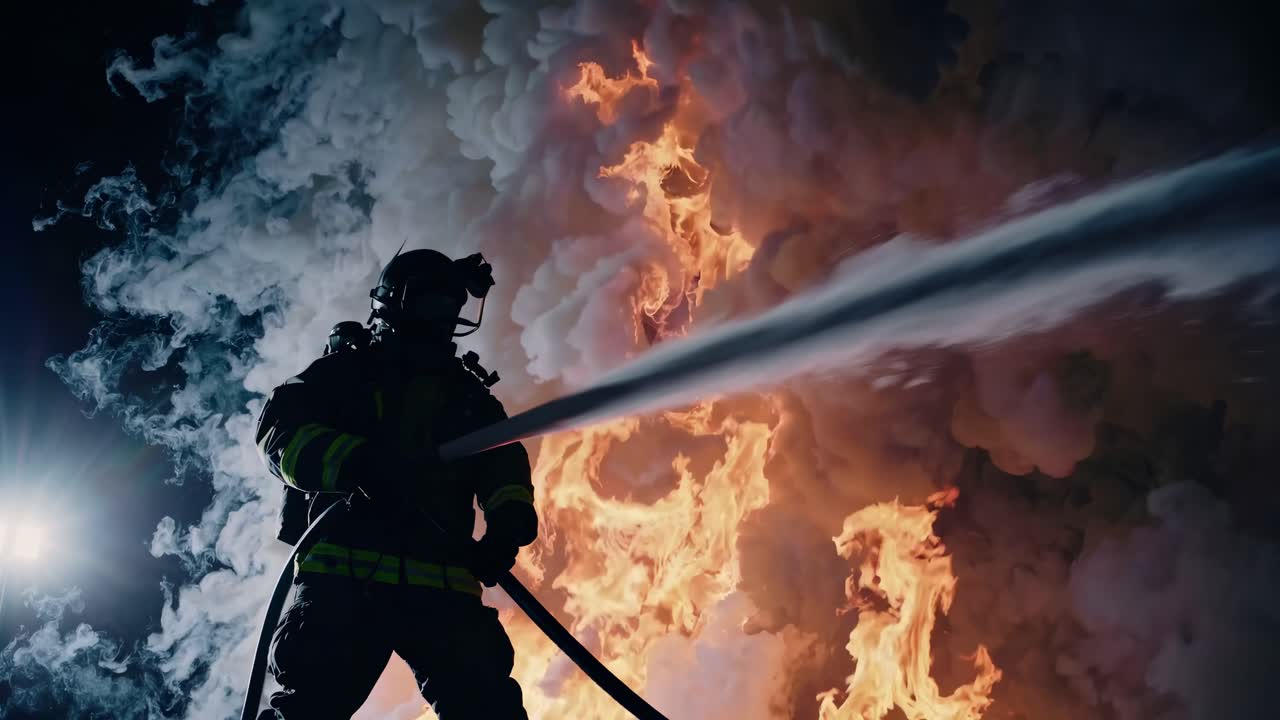 Dramatic low-angle shot of a firefighter battling intense flames, capturing the heroic