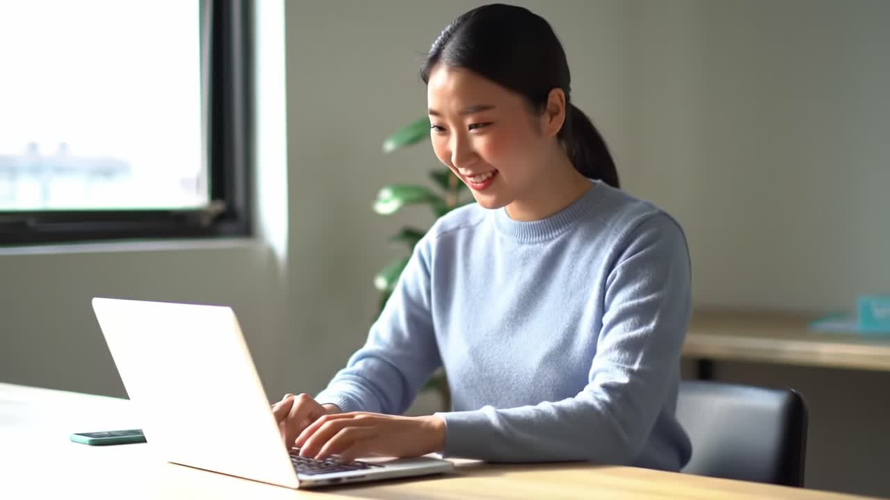 A Focused Young Woman Engaged in Productive Work on a Laptop in a Bright, Modern Office Space Emphasizing Comfort and Efficiency