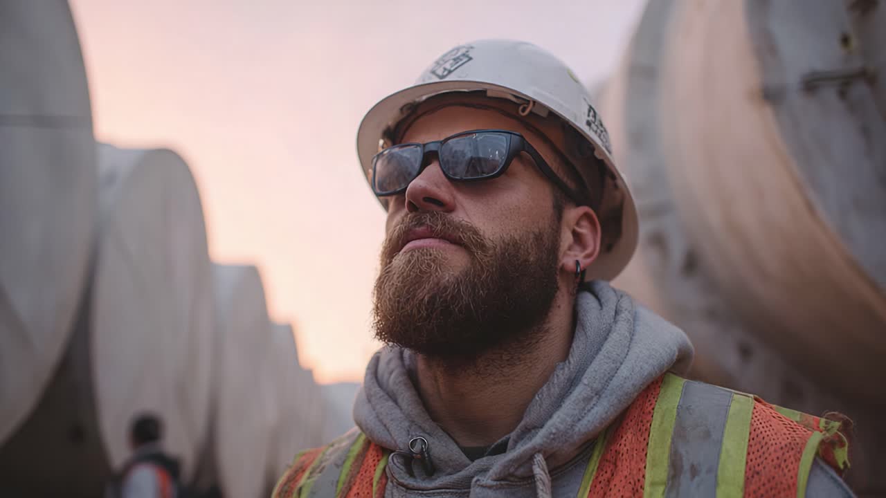 A Construction Worker in Protective Gear Contemplating His Surroundings Amidst Industrial Equipment During Sunset, Embodying Safety and Determination