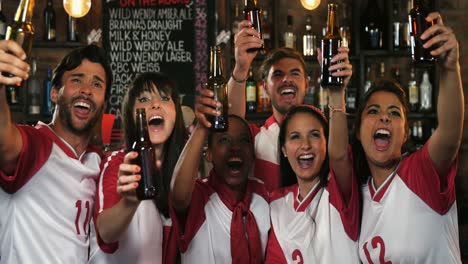 friends cheering while having beer at bar counter