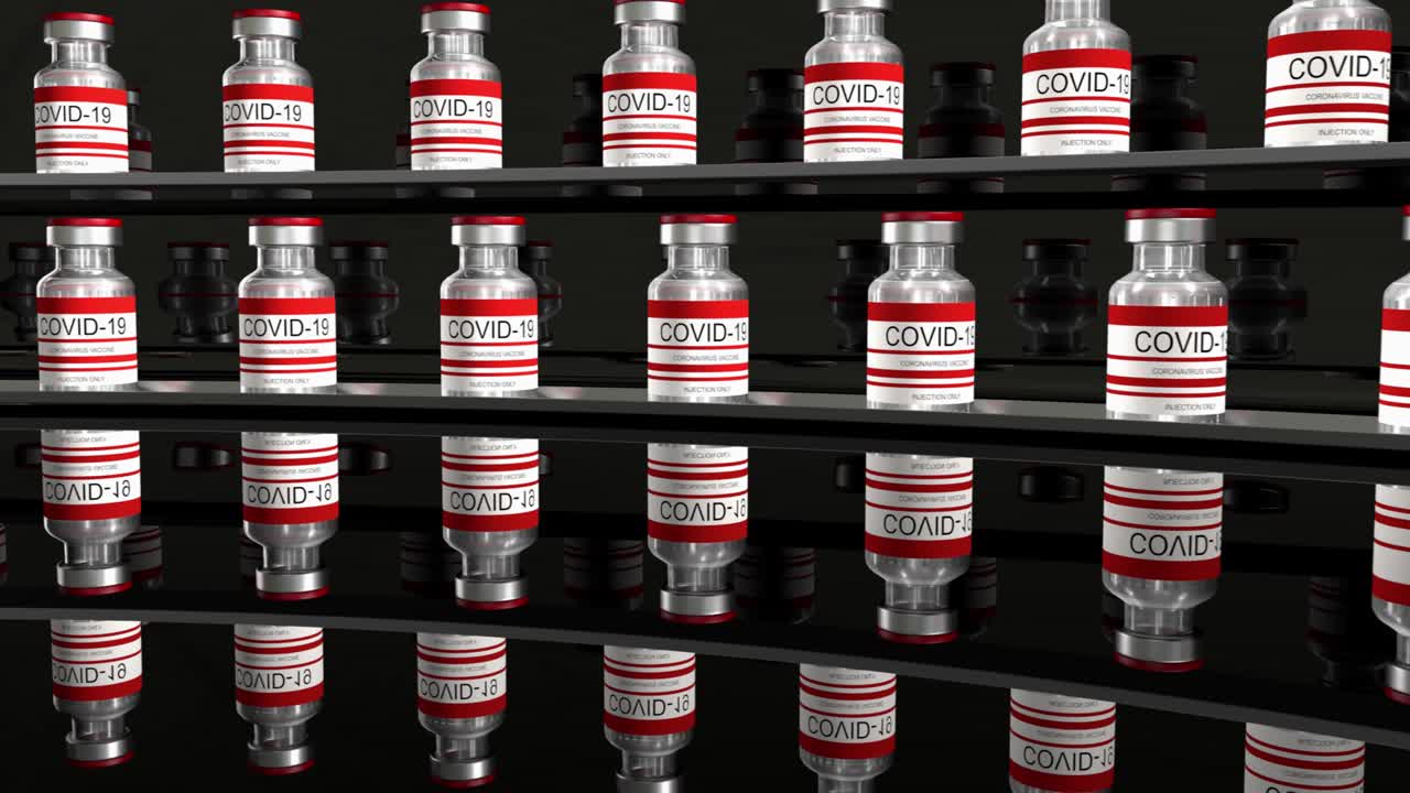 코로나19 백신의 빨간 병, sars-cov-2 백신을 담은 유리 병, 비디오 편집을 위한 3d 렌더링,
