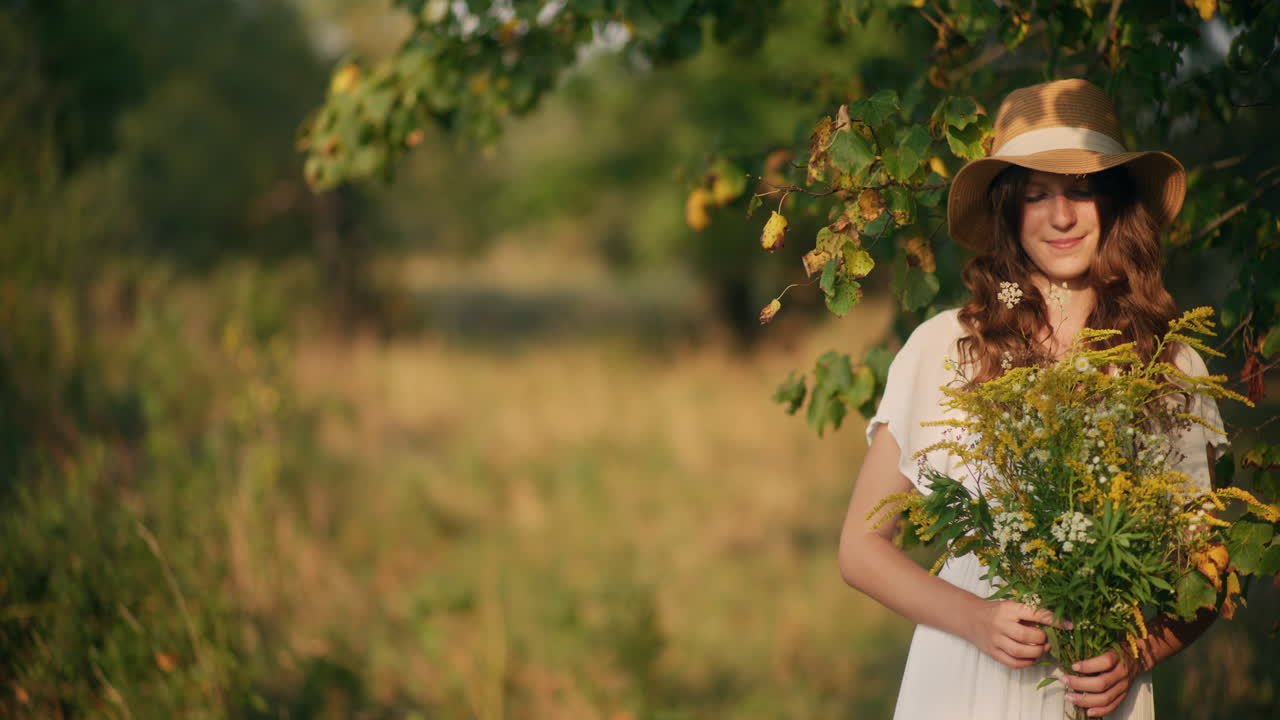 Smiling teen with wildflowers at sunset