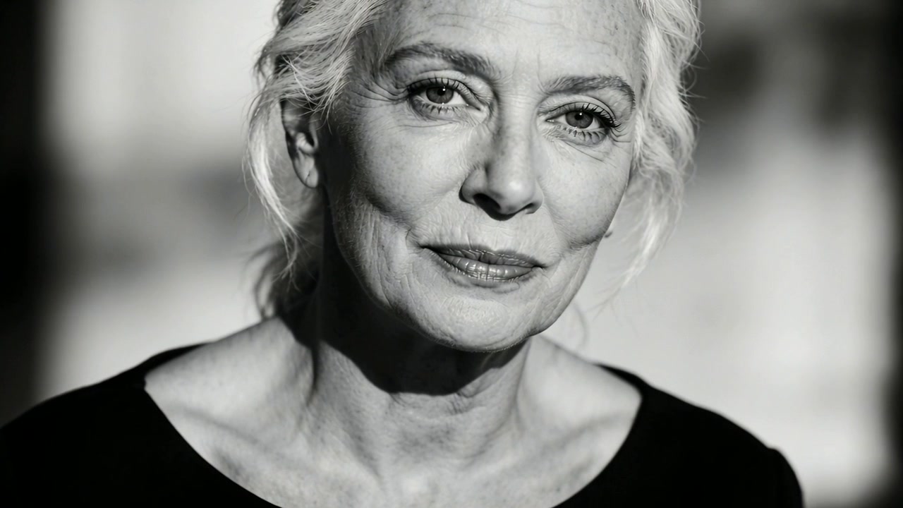 Smiling senior woman shifting gaze toward camera posing for studio close-up, showing scoop-neck top