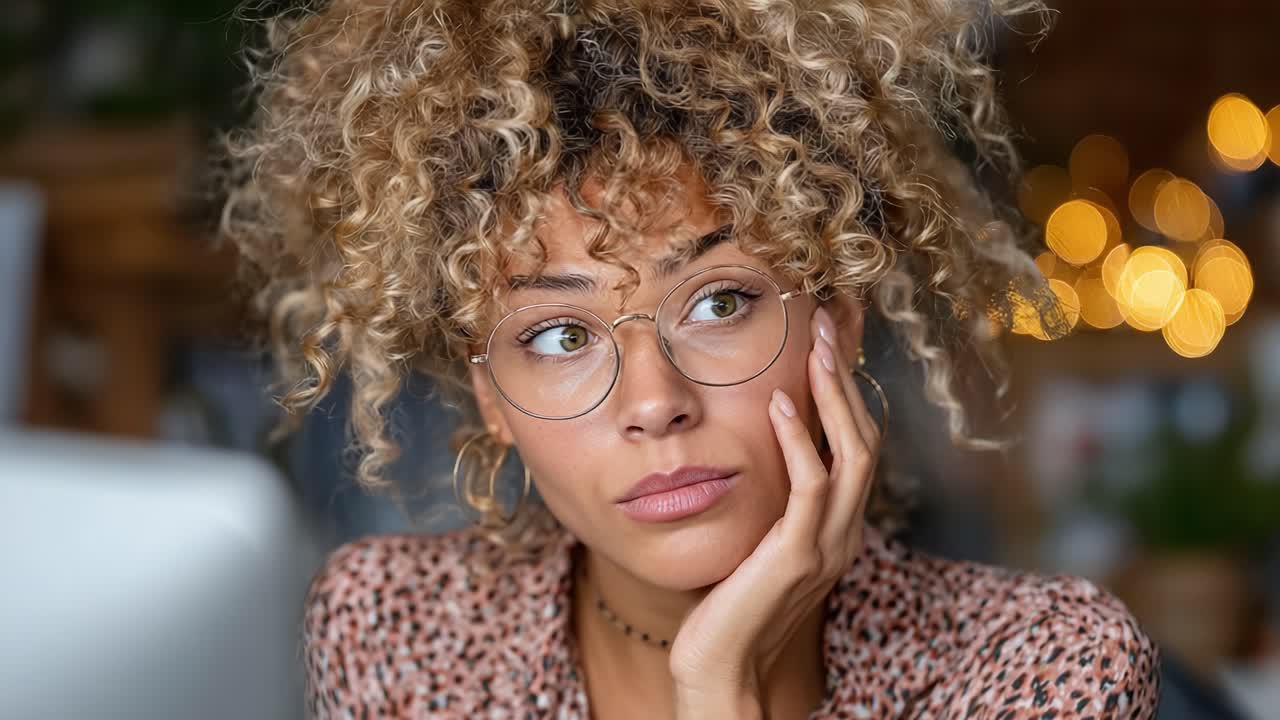 A Thoughtful Moment: A Young Woman with Curly Hair and Glasses Contemplates Life in a Softly Lit Environment, Exhibiting Both Curiosity and Reflection