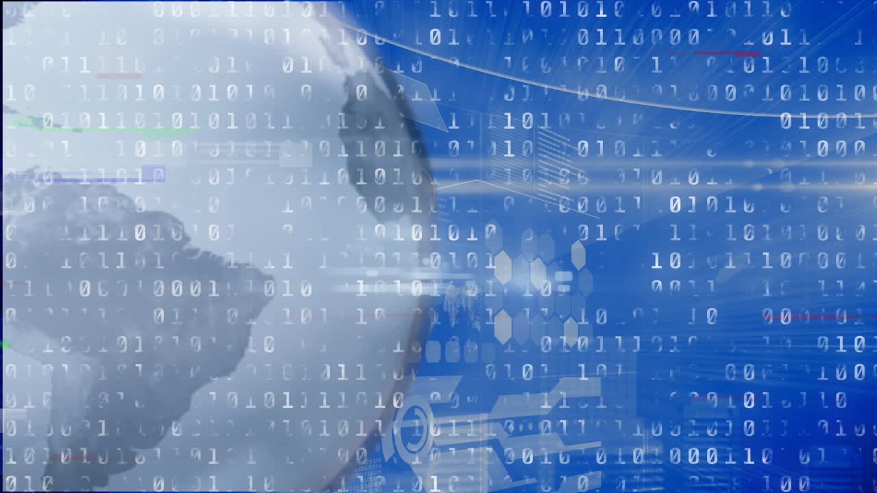 블루 백그라운드에서 회전하는 지구상에서 글리치 효과와 이진 코딩 데이터 처리의 애니메이션