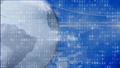 animation of glitch effect and binary coding data processing over spinning globe on blue background