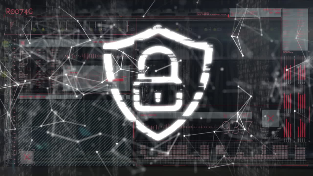 Animation of padlock icon and data processing over computer servers
