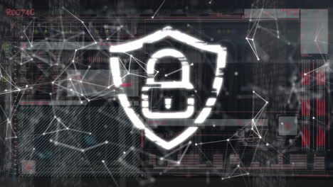 animación del icono del candado y procesamiento de datos a través de servidores informáticos.