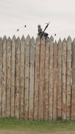 man in armor holds spear and walks on rain on platform stretching along high log picket fence waiting for attack of enemy army. birds fly into cloudy sky ominously birds fly