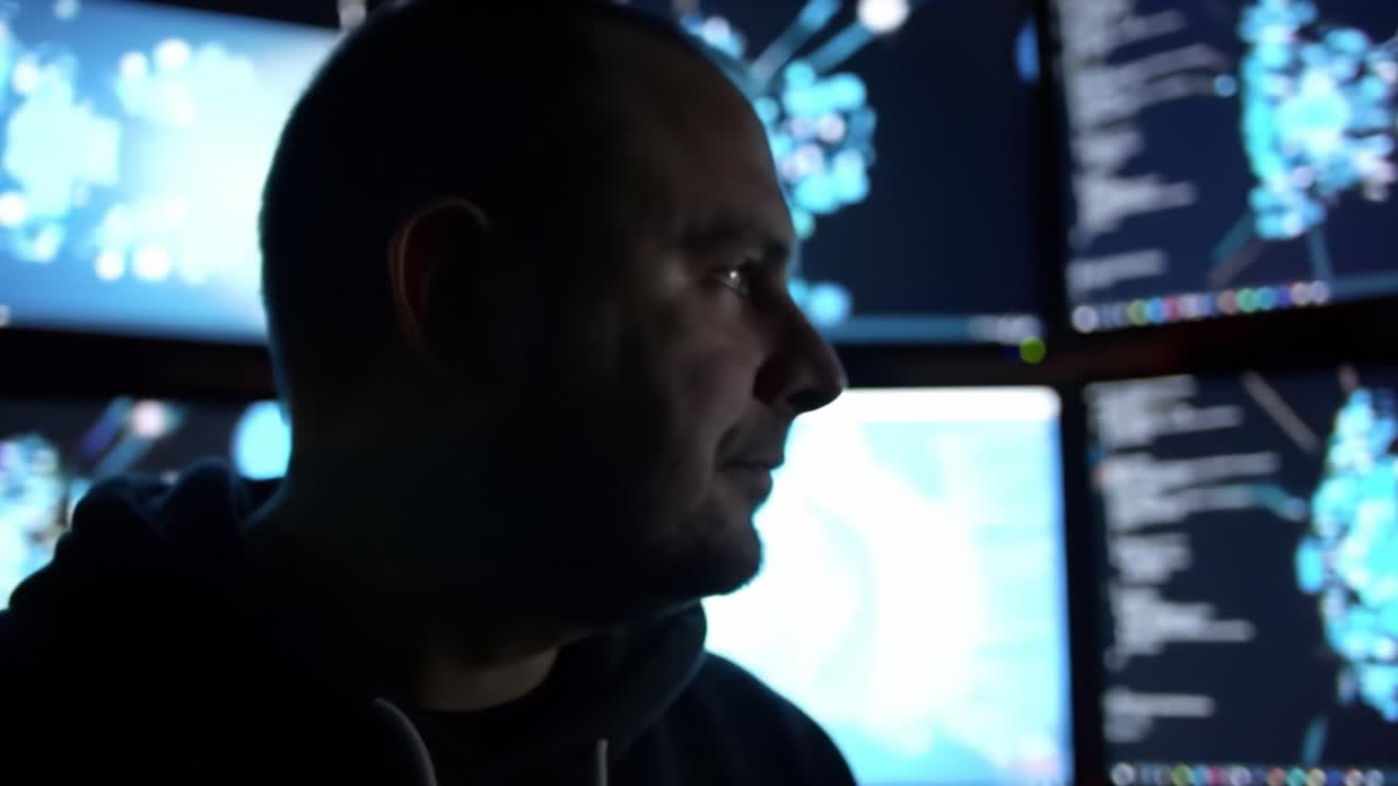 Intense Cybersecurity Monitoring: A Focused Individual Analyzes Data on Multiple Monitors in a Dimly Lit Environment, Highlighting the Increasing Importance of Digital Security