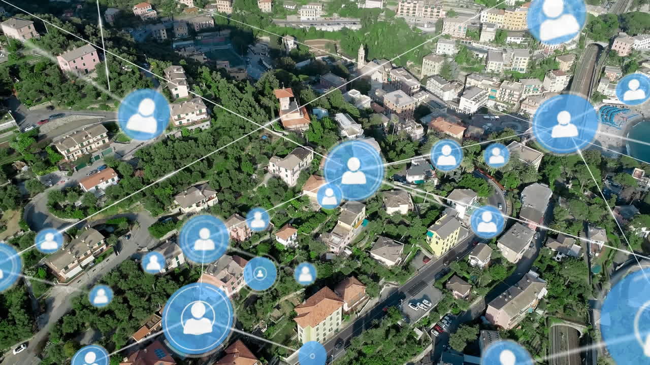 animación de la red de conexiones con iconos sobre el paisaje urbano