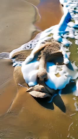 a serene and tranquil face emerges gracefully from the oceanic waves onto the soft sandy beach