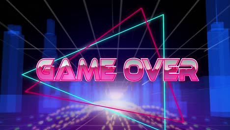 Animation-of-game-over-text-over-light-trails-and-digital-city-on-black-background