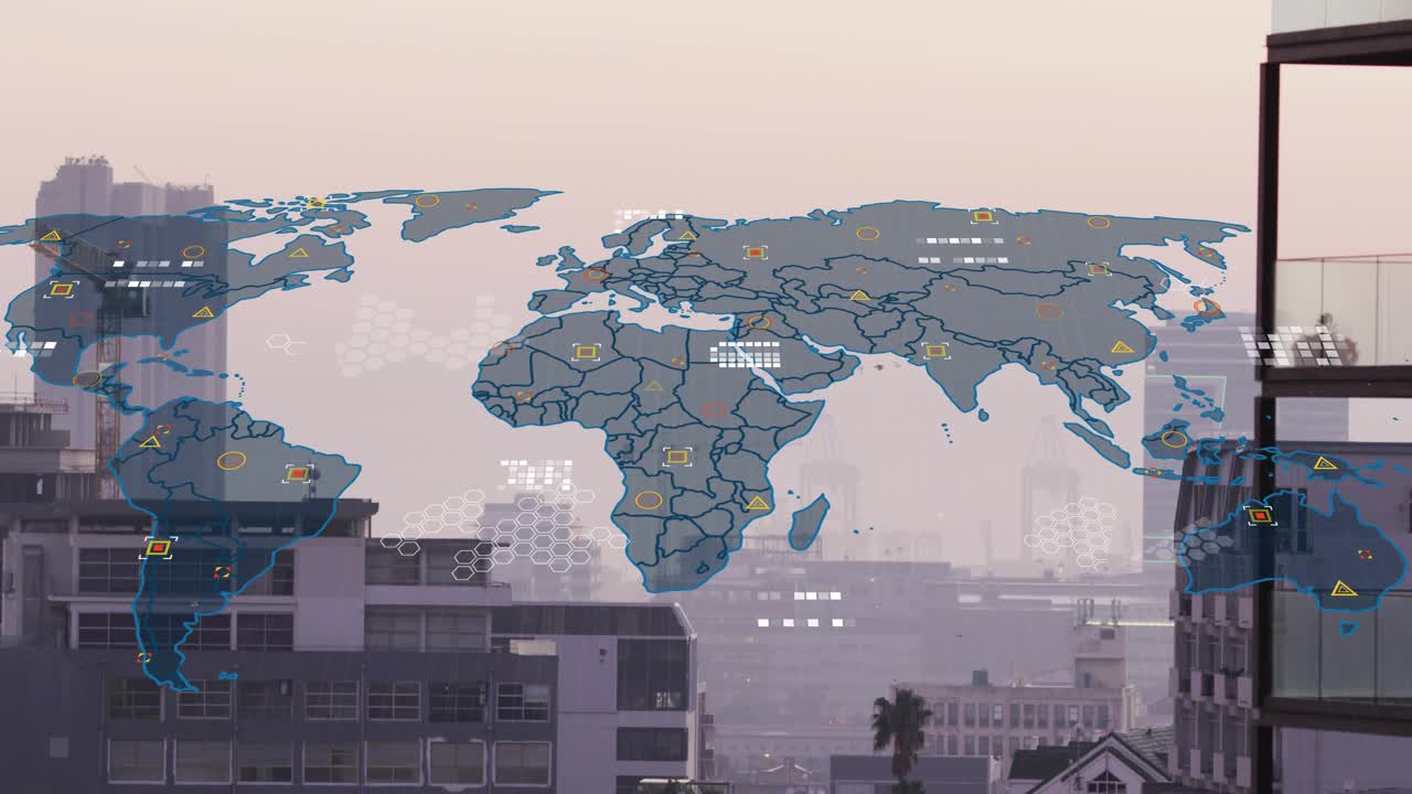 Dawn haze revealing translucent world map overlay over skyline, visualizing pulsing data
