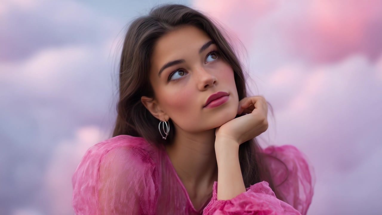 Un ritratto accattivante di una giovane donna in camicetta rosa contro un bellissimo cielo nuvoloso, che evoca emozioni di riflessione e graziosa contemplazione