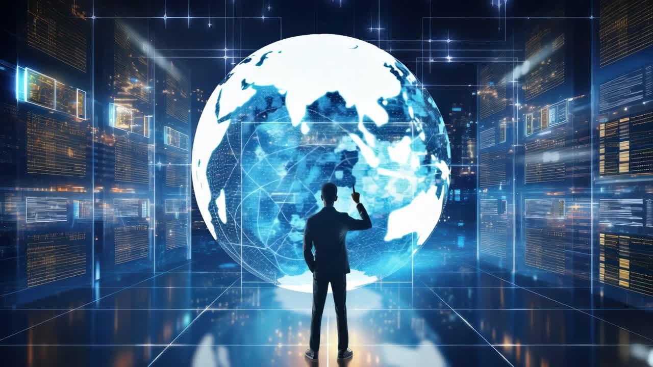 Futuristic video concept with a low-angle view of a silhouette facing a digital globe