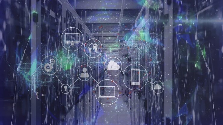 Animation of data processing and media icons over server room