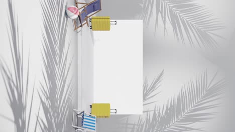animación de renderización vertical 3d del producto espacio de copia vacío con configuración de luz y concepto de viaje con portátil y maleta en playa de palmeras tropicales fondo blanco