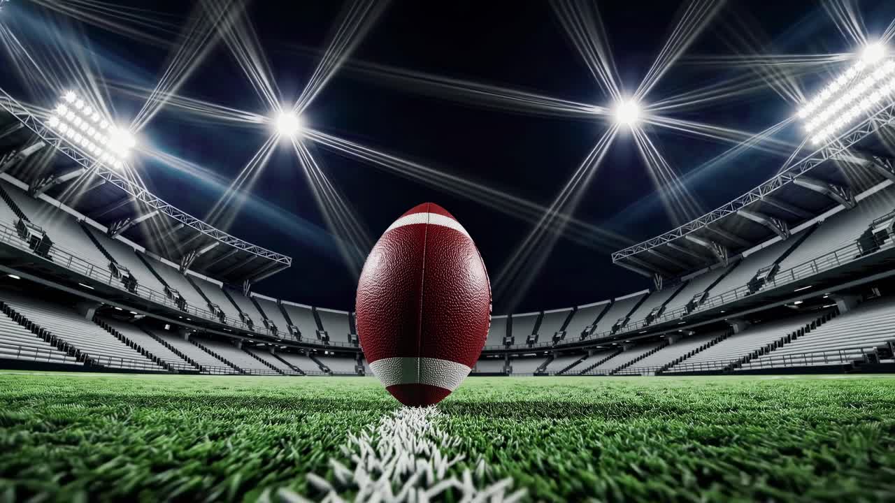 Drammatica inquadratura dal basso di un pallone da calcio su un campo illuminato dalle luci intense di uno stadio