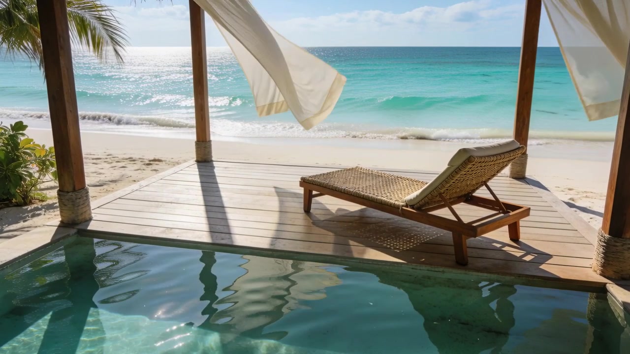 Böljande skira gardiner fångar vinden på en strandnära terrass, med en vävd solstol bredvid en svalkande pool.