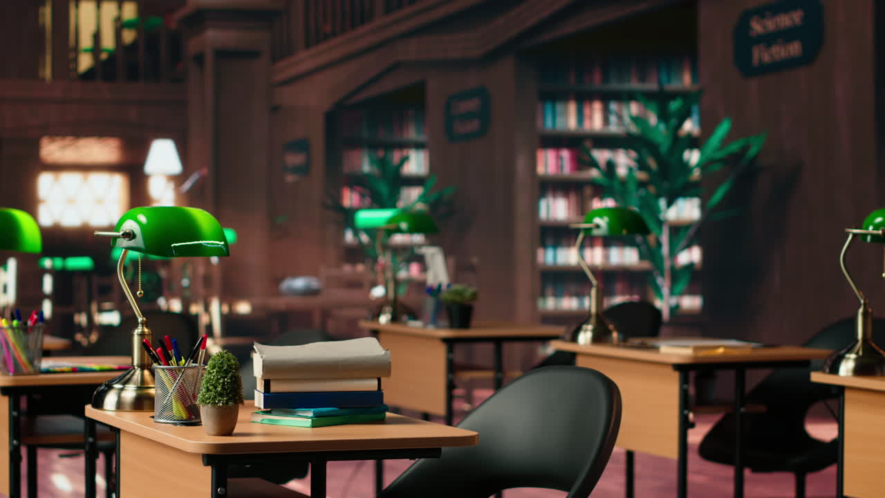 나무 선반 과 정교 한 초록색 램프 를 가진 우아 한 빈티지 도서관