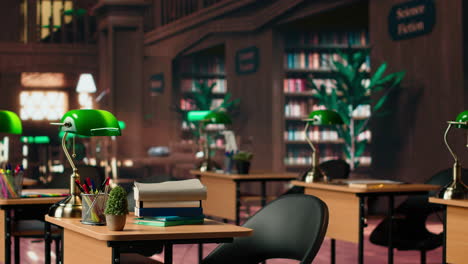 elegante biblioteca antigua con estanterías de madera y sofisticadas lámparas verdes