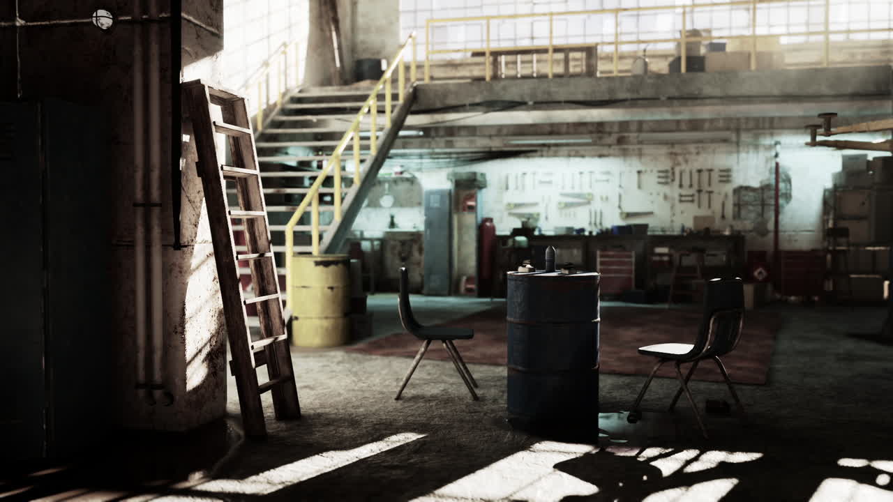 도구, 기계 및 사다리와 함께 모래 산업 차고 작업실