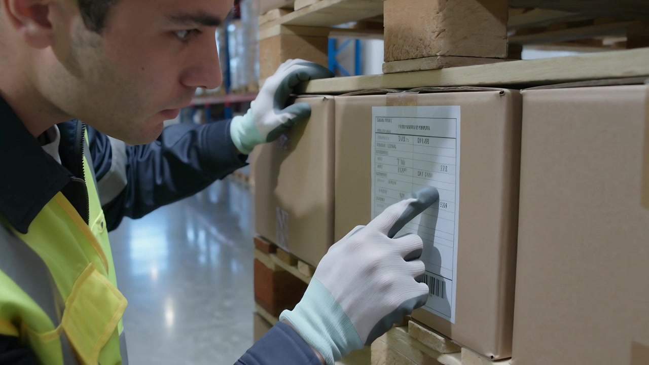 Approaching warehouse worker in aisle, vest gloves leaning tracing label barcode checking order