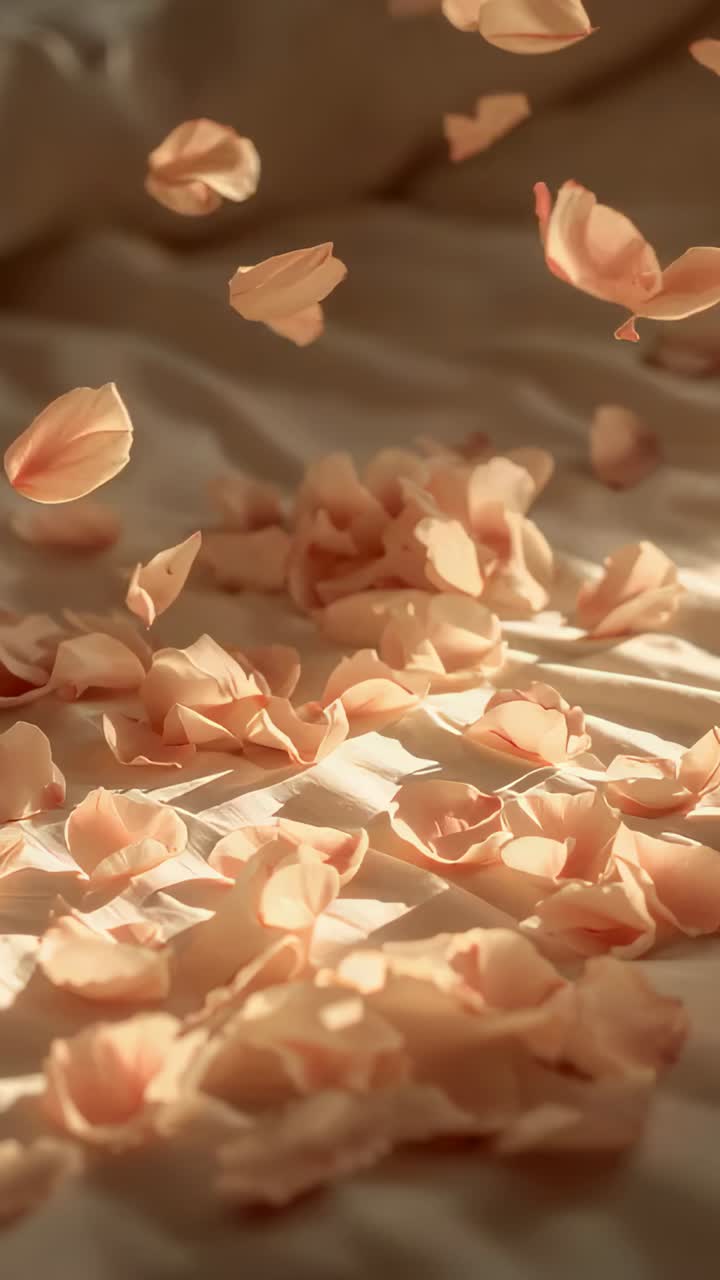 Vertical video: Falling peach flower petals settling into pile on rumpled sheet on bed, sunlight