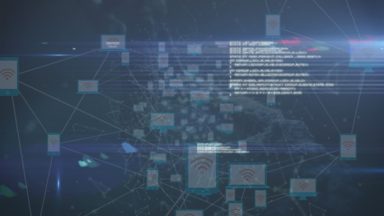 Animation of network of media icons, over glowing lights and data processing