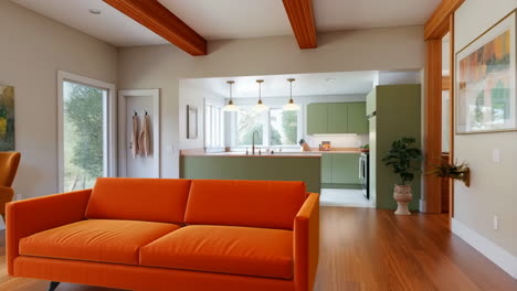 open concept living room and kitchen with orange sofa and green cabinets